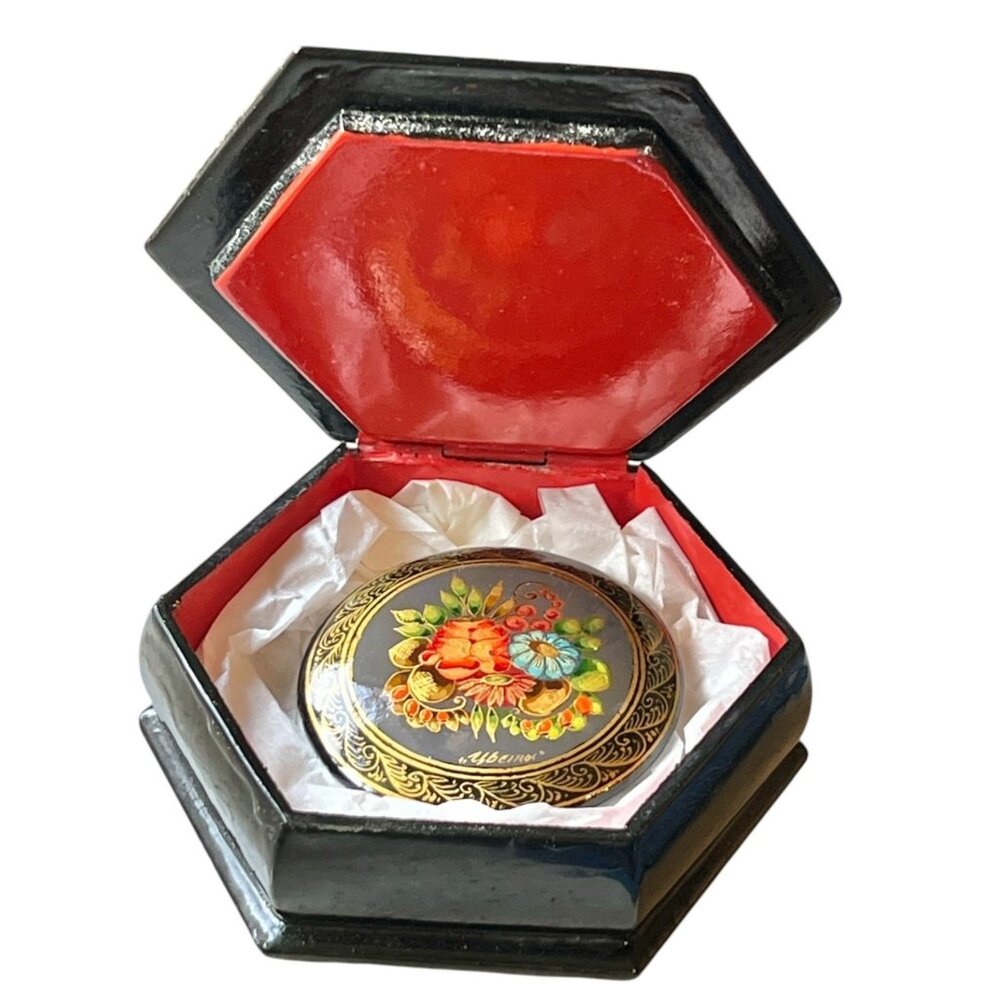 Signed Hand Painted Russian Palekh Brooch & Hexagonal Lacquer Box Gift Floral